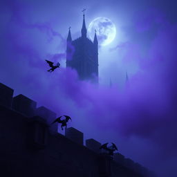 A mysterious and enchanting scene capturing small gargoyles in flight near a monumental stone wall