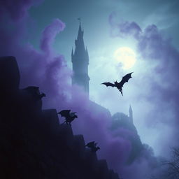 A mysterious and enchanting scene capturing small gargoyles in flight near a monumental stone wall