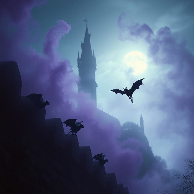 A mysterious and enchanting scene capturing small gargoyles in flight near a monumental stone wall