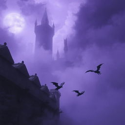 A mysterious and enchanting scene capturing small gargoyles in flight near a monumental stone wall