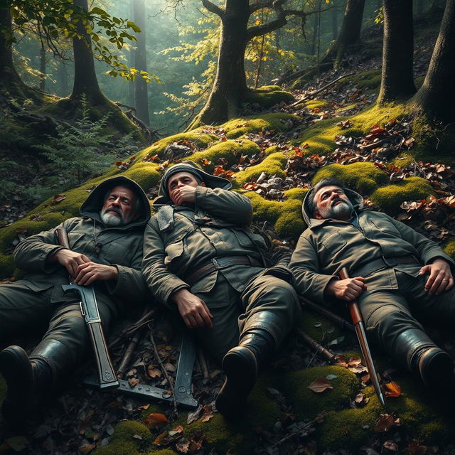 Three hyper-realistic hunters lying on the ground in a dense, lush forest, with intricate details in their clothing and facial expressions showing weariness