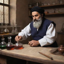 Zakariya Razi, the famous Persian polymath, engrossed in creating alcohol in a medieval laboratory setting with ancient chemistry tools.