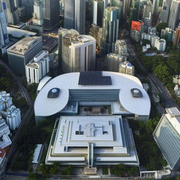 A daytime aerial view of the impressive Police Headquarters located in the heart of a bustling central business district, set amidst a landscape of towering skyscrapers and busied streets.