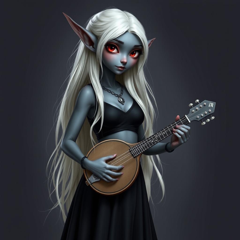 A dark bluish-gray skinned elf with long white hair and striking red eyes, holding a small mandolin