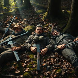 Three hyper-realistic hunters lying on the ground in a dense, lush forest, with intricate details in their clothing and facial expressions showing weariness