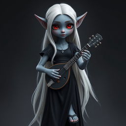 A dark bluish-gray skinned elf with long white hair and striking red eyes, holding a small mandolin