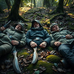 Three hyper-realistic hunters lying on the ground in a dense, lush forest, with intricate details in their clothing and facial expressions showing weariness