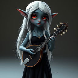 A dark bluish-gray skinned elf with long white hair and striking red eyes, holding a small mandolin