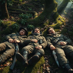 Three hyper-realistic hunters lying on the ground in a dense, lush forest, with intricate details in their clothing and facial expressions showing weariness