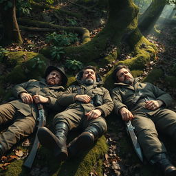 Three hyper-realistic hunters lying on the ground in a dense, lush forest, with intricate details in their clothing and facial expressions showing weariness