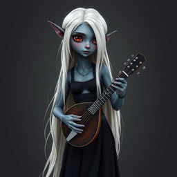 A dark bluish-gray skinned elf with long white hair and striking red eyes, holding a small mandolin