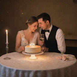 A romantic scene of a couple celebrating their wedding anniversary at a candlelit dinner, with a decadently iced cake and glasses of champagne on a lace tablecloth.