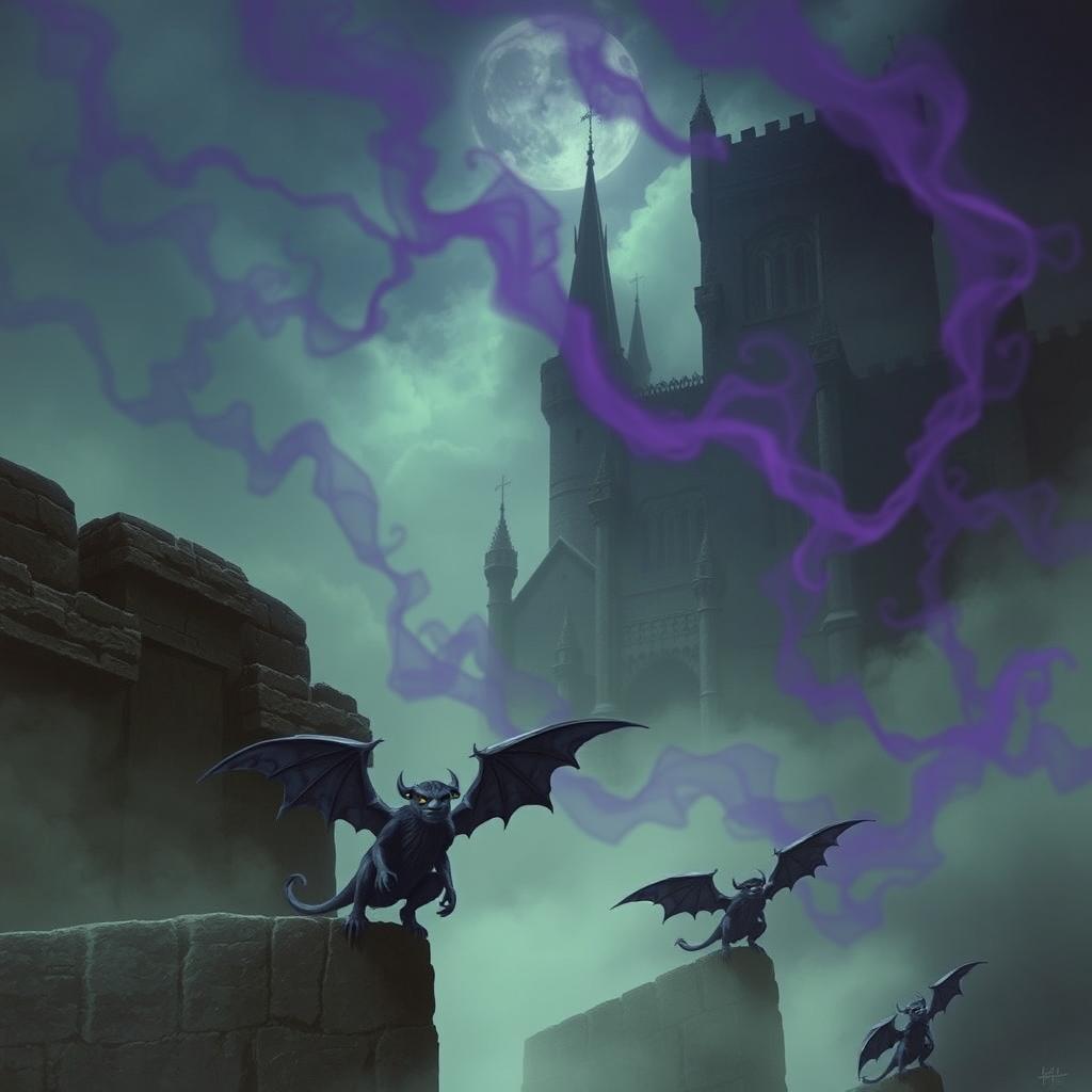 A captivating and eerie scene featuring small devilish stone gargoyles flapping their wings as they fly near a massive, formidable stone wall