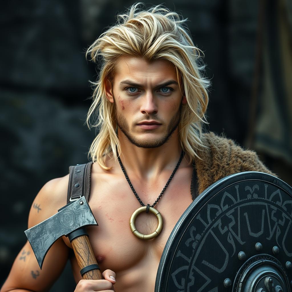 A 23-year-old man with a striking viking hairstyle, showcasing long, tousled blond hair that flows down to his shoulders