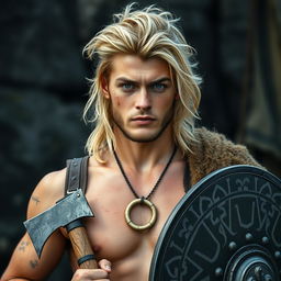 A 23-year-old man with a striking viking hairstyle, showcasing long, tousled blond hair that flows down to his shoulders