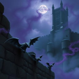 A captivating and eerie scene featuring small devilish stone gargoyles flapping their wings as they fly near a massive, formidable stone wall