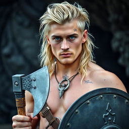 A 23-year-old man with a striking viking hairstyle, showcasing long, tousled blond hair that flows down to his shoulders