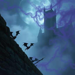 A captivating and eerie scene featuring small devilish stone gargoyles flapping their wings as they fly near a massive, formidable stone wall