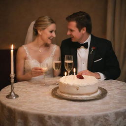 A romantic scene of a couple celebrating their wedding anniversary at a candlelit dinner, with a decadently iced cake and glasses of champagne on a lace tablecloth.