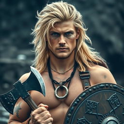 A 23-year-old man with a striking viking hairstyle, showcasing long, tousled blond hair that flows down to his shoulders