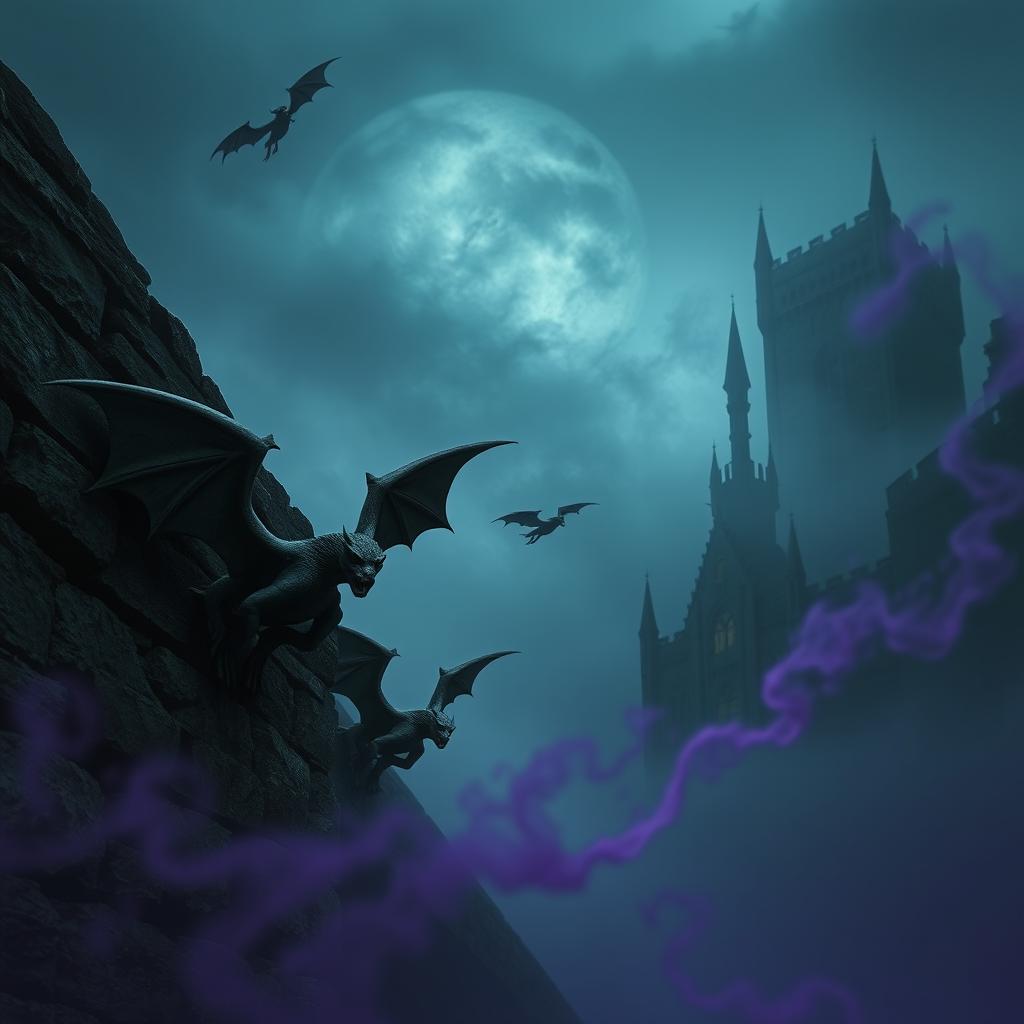 A captivating and eerie scene featuring small devilish stone gargoyles flapping their wings as they fly near a massive, formidable stone wall