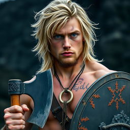 A 23-year-old man with a striking viking hairstyle, showcasing long, tousled blond hair that flows down to his shoulders