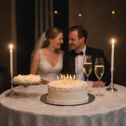 A romantic scene of a couple celebrating their wedding anniversary at a candlelit dinner, with a decadently iced cake and glasses of champagne on a lace tablecloth.