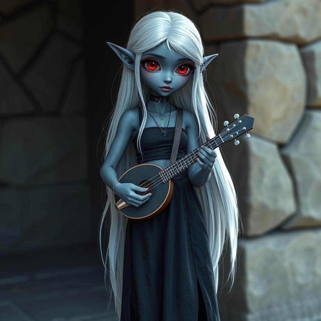 A dark bluish-gray skinned elf with long white hair and striking red eyes, holding a small mandolin