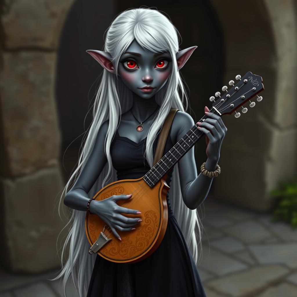 A dark bluish-gray skinned elf with long white hair and striking red eyes, holding a small mandolin