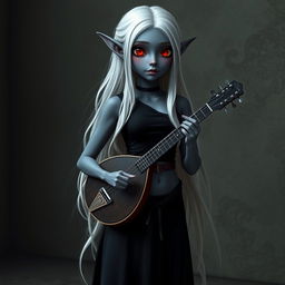 A dark bluish-gray skinned elf with long white hair and striking red eyes, holding a small mandolin