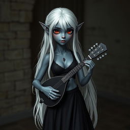 A dark bluish-gray skinned elf with long white hair and striking red eyes, holding a small mandolin