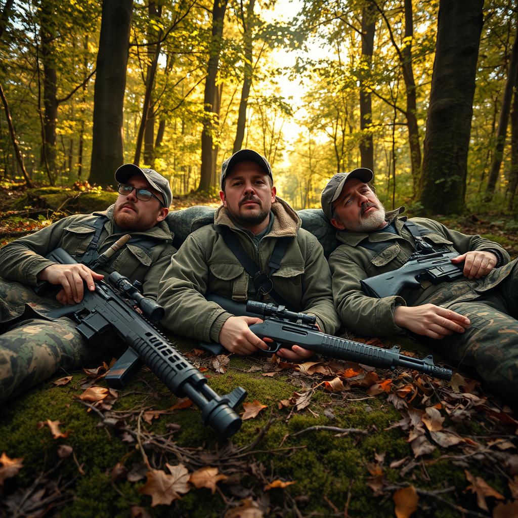 Three hyper-realistic hunters lying on the ground in a vibrant, dense forest