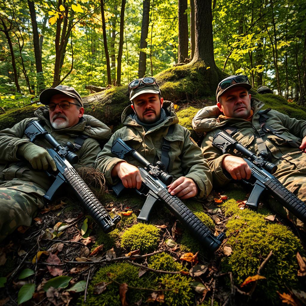 Three hyper-realistic hunters lying on the ground in a vibrant, dense forest