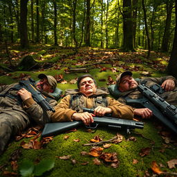 Three hyper-realistic hunters lying on the ground in a vibrant, dense forest