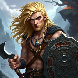 A Dungeons & Dragons character design of a 23-year-old man with an impressive viking hairstyle, showcasing long, flowing blond hair that frames his face