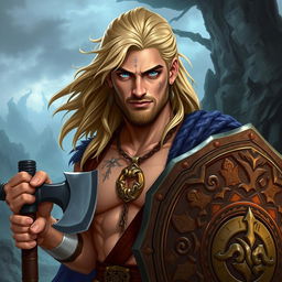 A Dungeons & Dragons character design of a 23-year-old man with an impressive viking hairstyle, showcasing long, flowing blond hair that frames his face