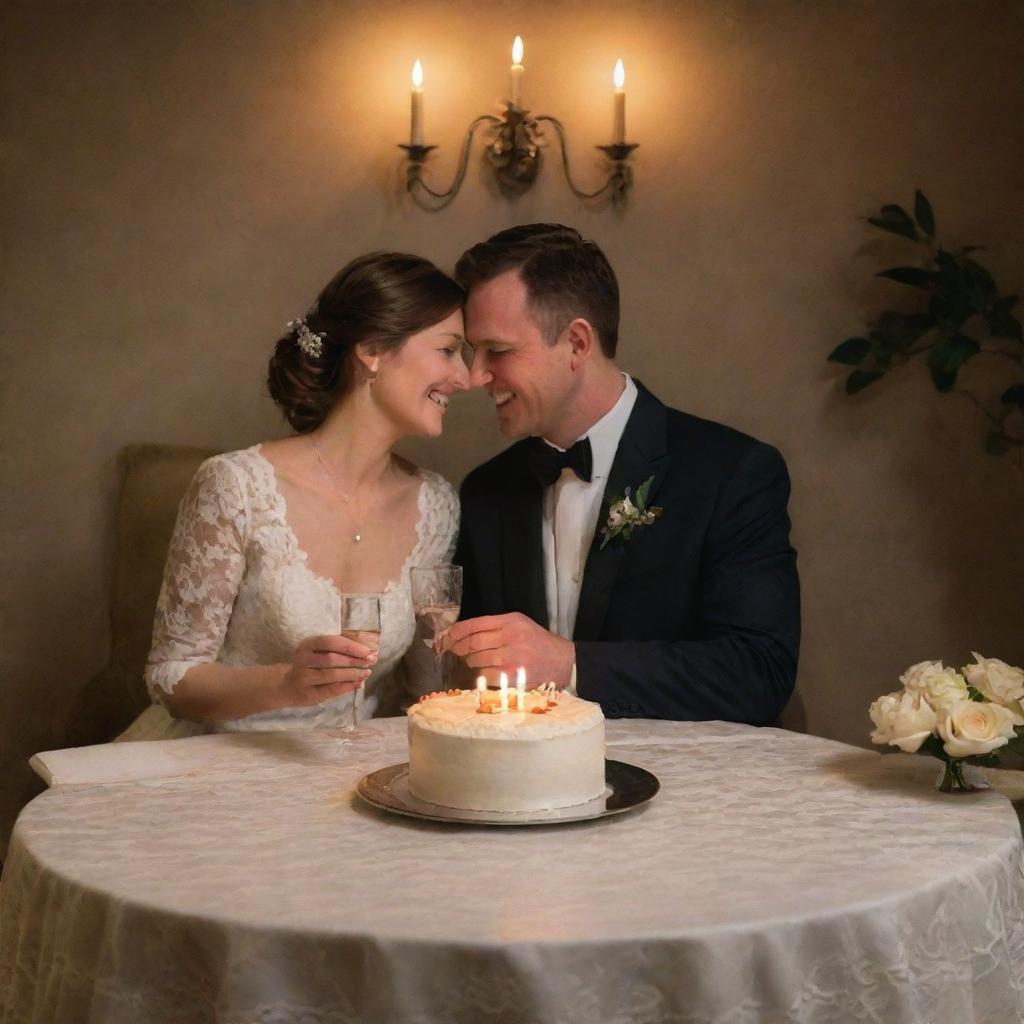 A romantic scene of a couple celebrating their wedding anniversary at a candlelit dinner, with a decadently iced cake and glasses of champagne on a lace tablecloth.