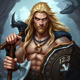 A Dungeons & Dragons character design of a 23-year-old man with an impressive viking hairstyle, showcasing long, flowing blond hair that frames his face