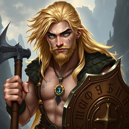 A Dungeons & Dragons character design of a 23-year-old man with an impressive viking hairstyle, showcasing long, flowing blond hair that frames his face