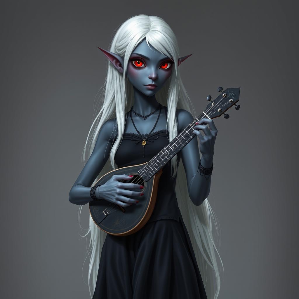 A dark bluish-gray skinned drow elf with long white hair and vibrant red eyes, holding a small mandolin