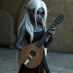 A dark bluish-gray skinned drow elf with long white hair and vibrant red eyes, holding a small mandolin