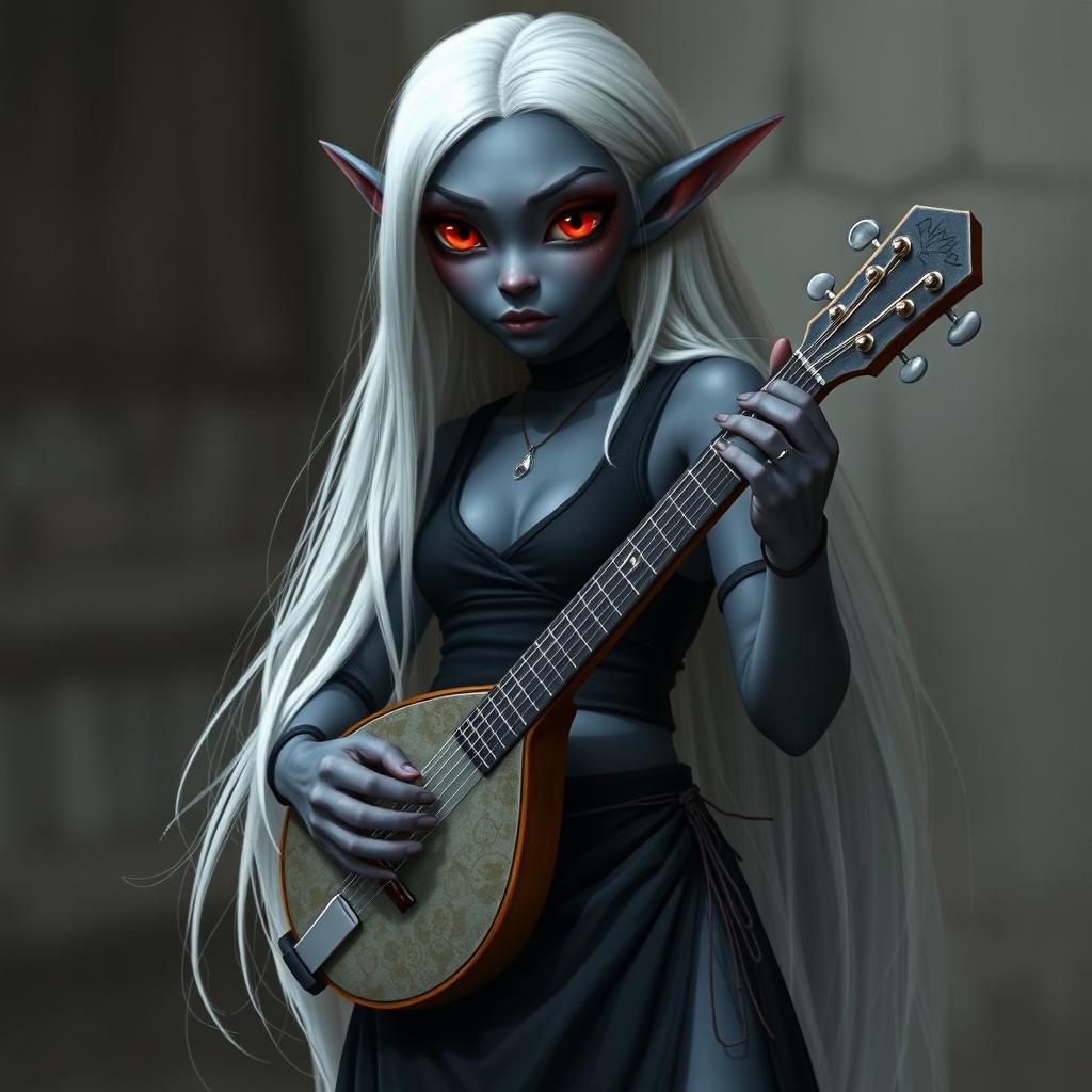 A dark bluish-gray skinned drow elf with long white hair and vibrant red eyes, holding a small mandolin