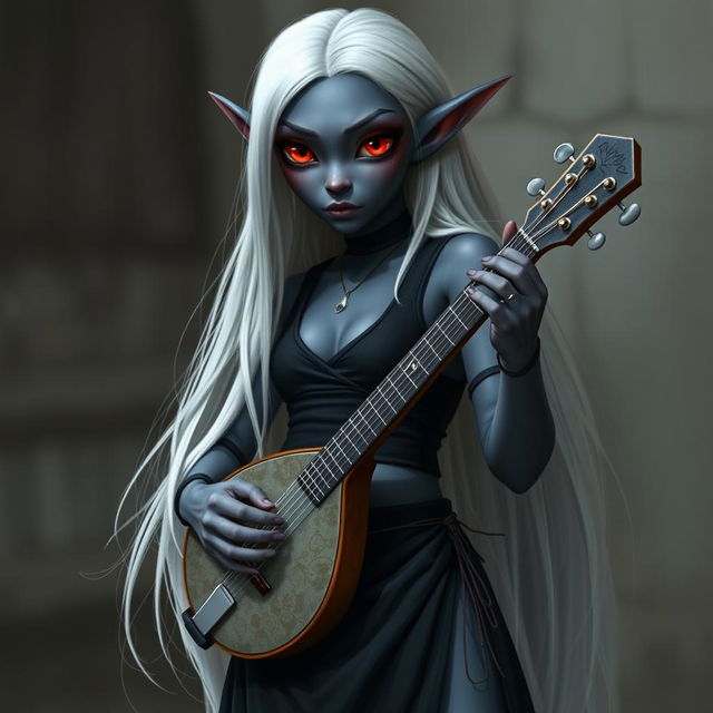 A dark bluish-gray skinned drow elf with long white hair and vibrant red eyes, holding a small mandolin