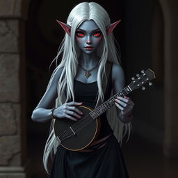 A dark bluish-gray skinned drow elf with long white hair and vibrant red eyes, holding a small mandolin