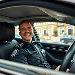 A very joyful policeman in the UK, sitting inside an expensive luxury car