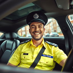 A very joyful policeman in the UK, sitting inside an expensive luxury car