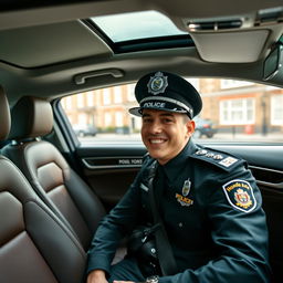 A very joyful policeman in the UK, sitting inside an expensive luxury car