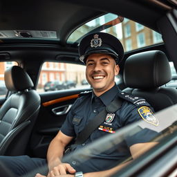 A very joyful policeman in the UK, sitting inside an expensive luxury car