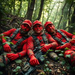 Three hyper-realistic hunters lying on the ground in a dense forest, each covered in vibrant red paint, giving them an artistic and striking appearance