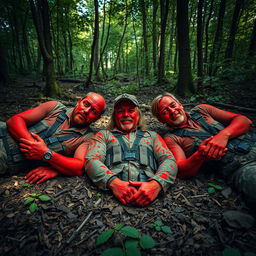 Three hyper-realistic hunters lying on the ground in a dense forest, each covered in vibrant red paint, giving them an artistic and striking appearance